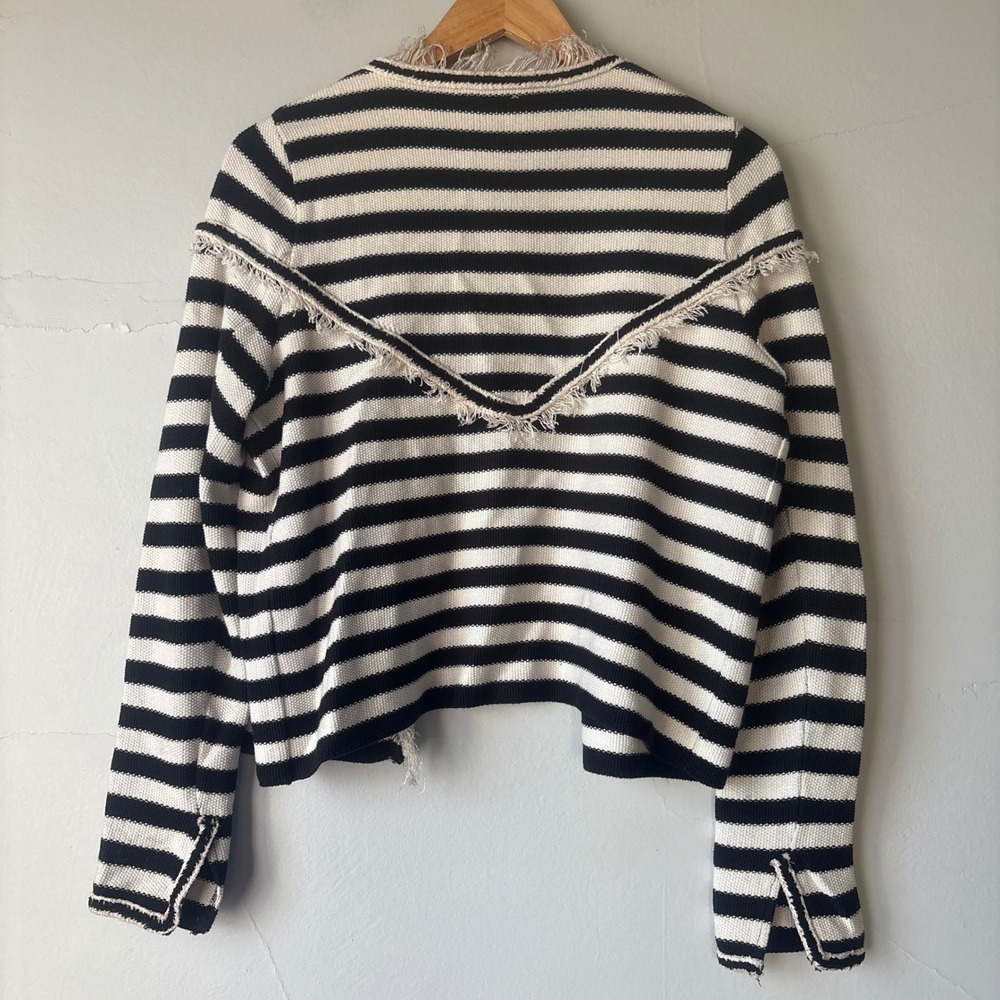 Bimba Y Lola Striped Knit Cardigan Jacket Black White Frayed Fringe Trim Medium - Picture 6 of 6